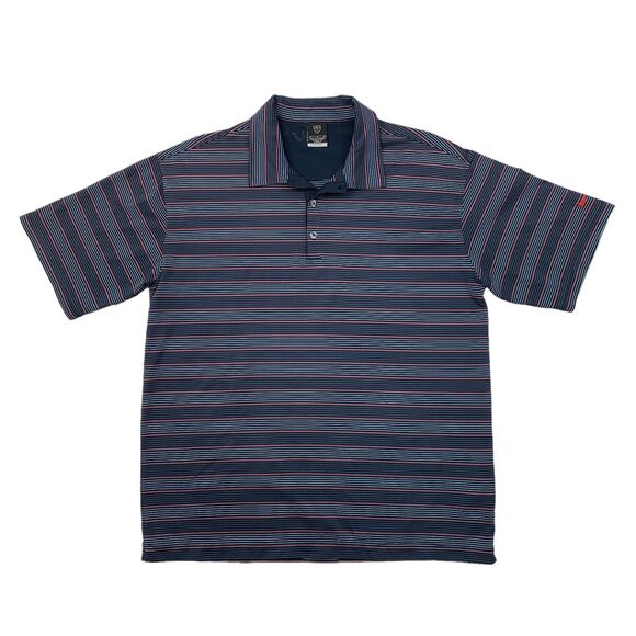 Nike Polo Shirt Mens L Blue Striped Dri Fit UV Performance Stretch Short Sleeve - Picture 1 of 11